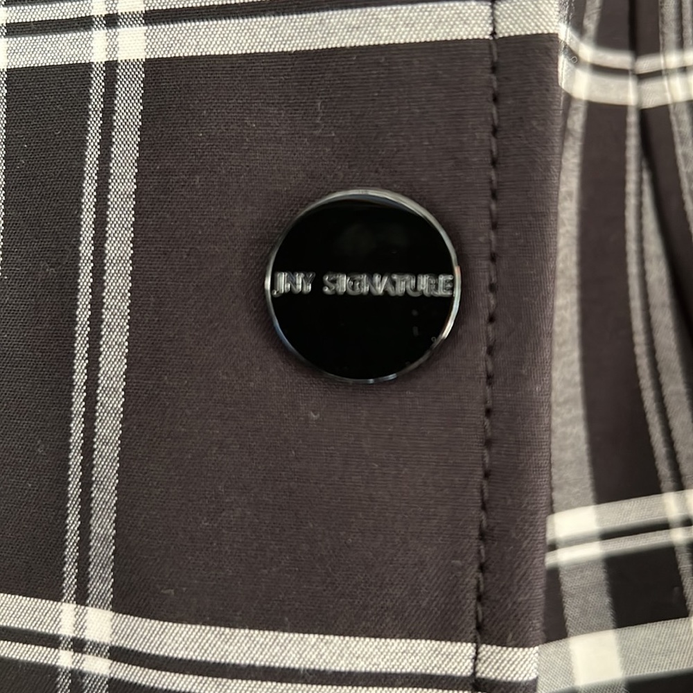 Jones New York stretch raincoat short trench. B&W plaid. - Picture 3 of 9